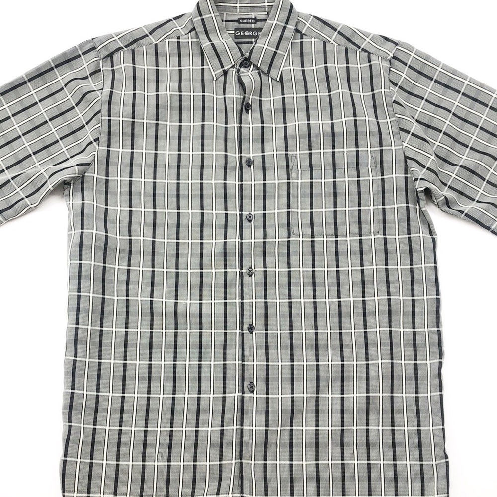 George Sueded black/gray plaid print Button Down Short Sleeve Shirt